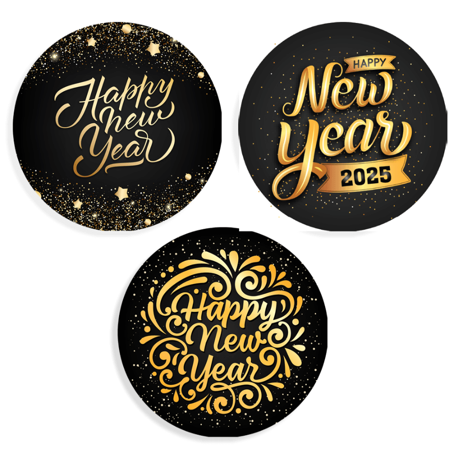 3 Stickers rond 64 mm Happy New Year wit/zwart - Kaarten en Kadootjes 3 Stickers rond 64 mm Happy New Year wit/zwart - Kaarten en Kadootjes