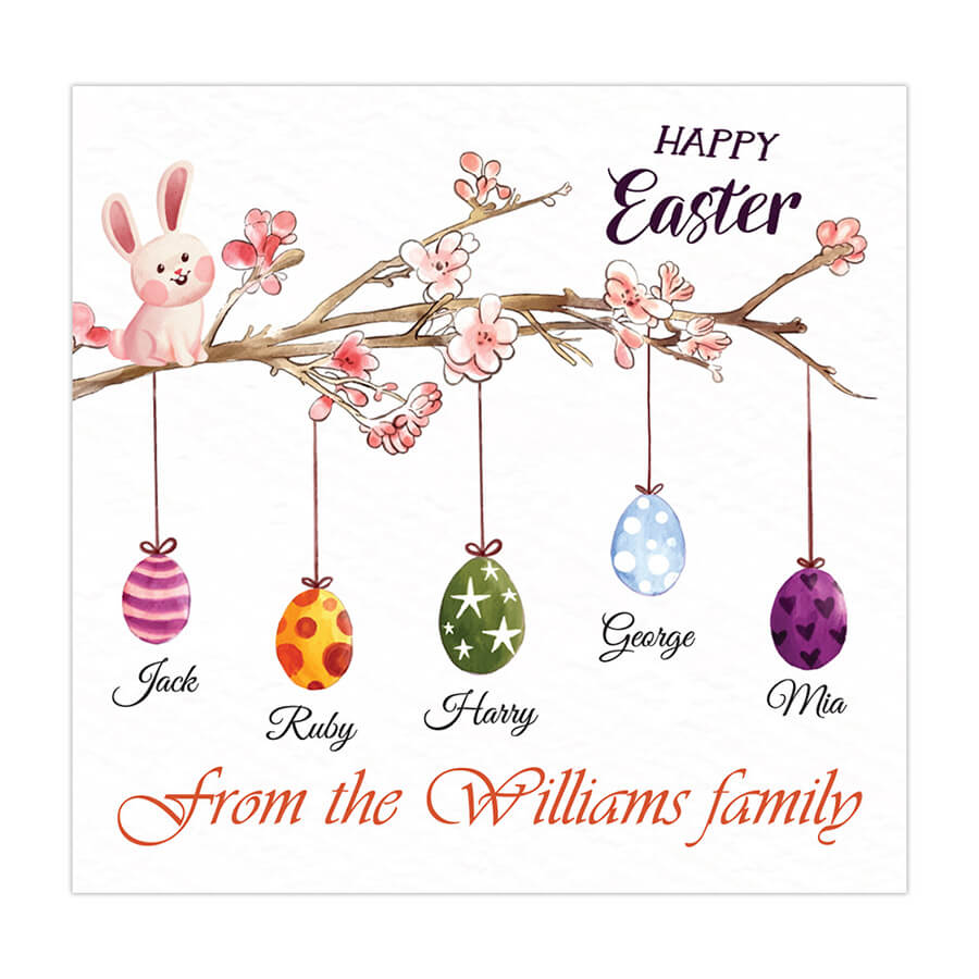 Personalised Easter card with bunny and hanging eggs for family