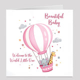baby girl card hot air balloon animal design