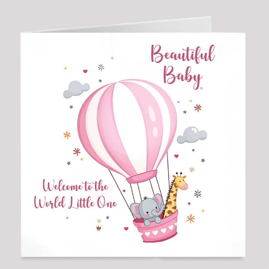 baby girl card hot air balloon animal design