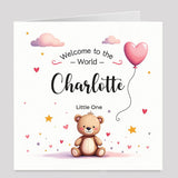 Personalised baby girl card teddy design with envelope