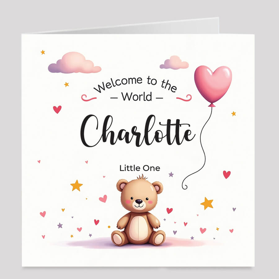 Personalised baby girl card teddy design with envelope