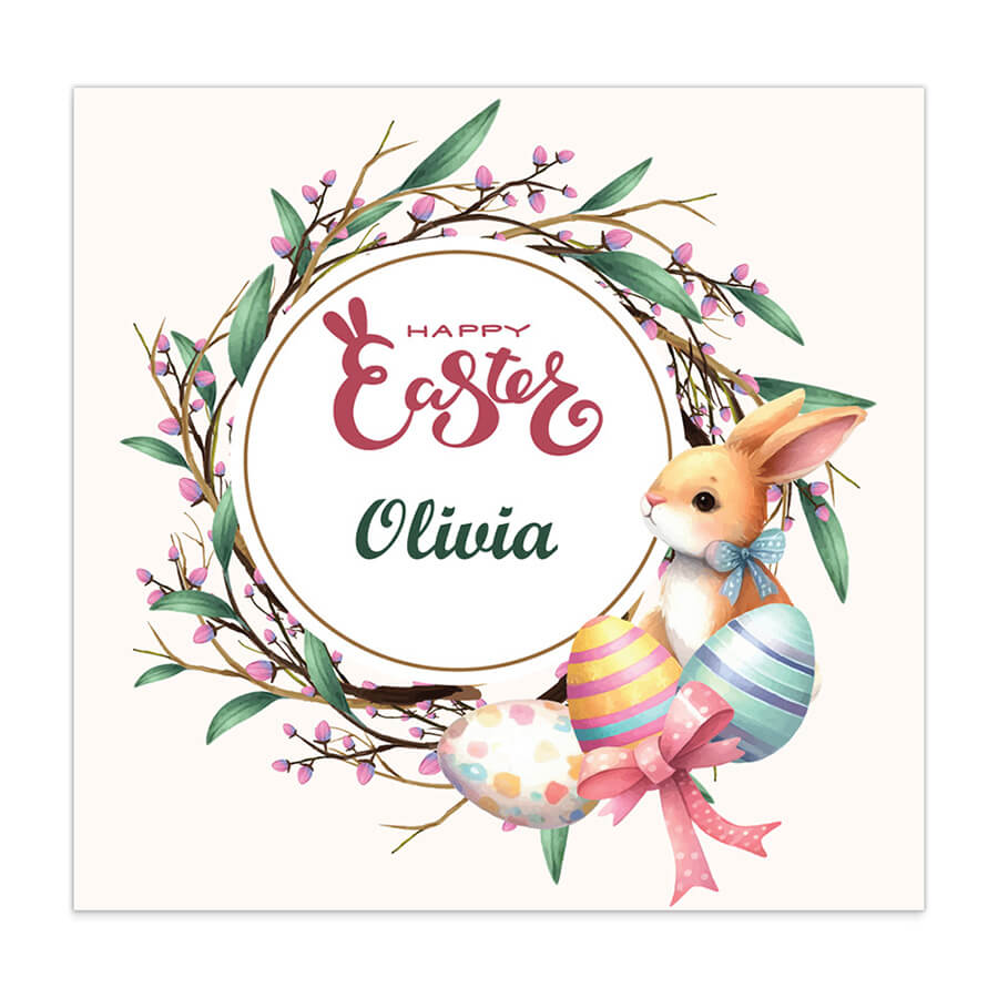 Personalised Happy Easter card with wreath, bunny and colourful eggs design