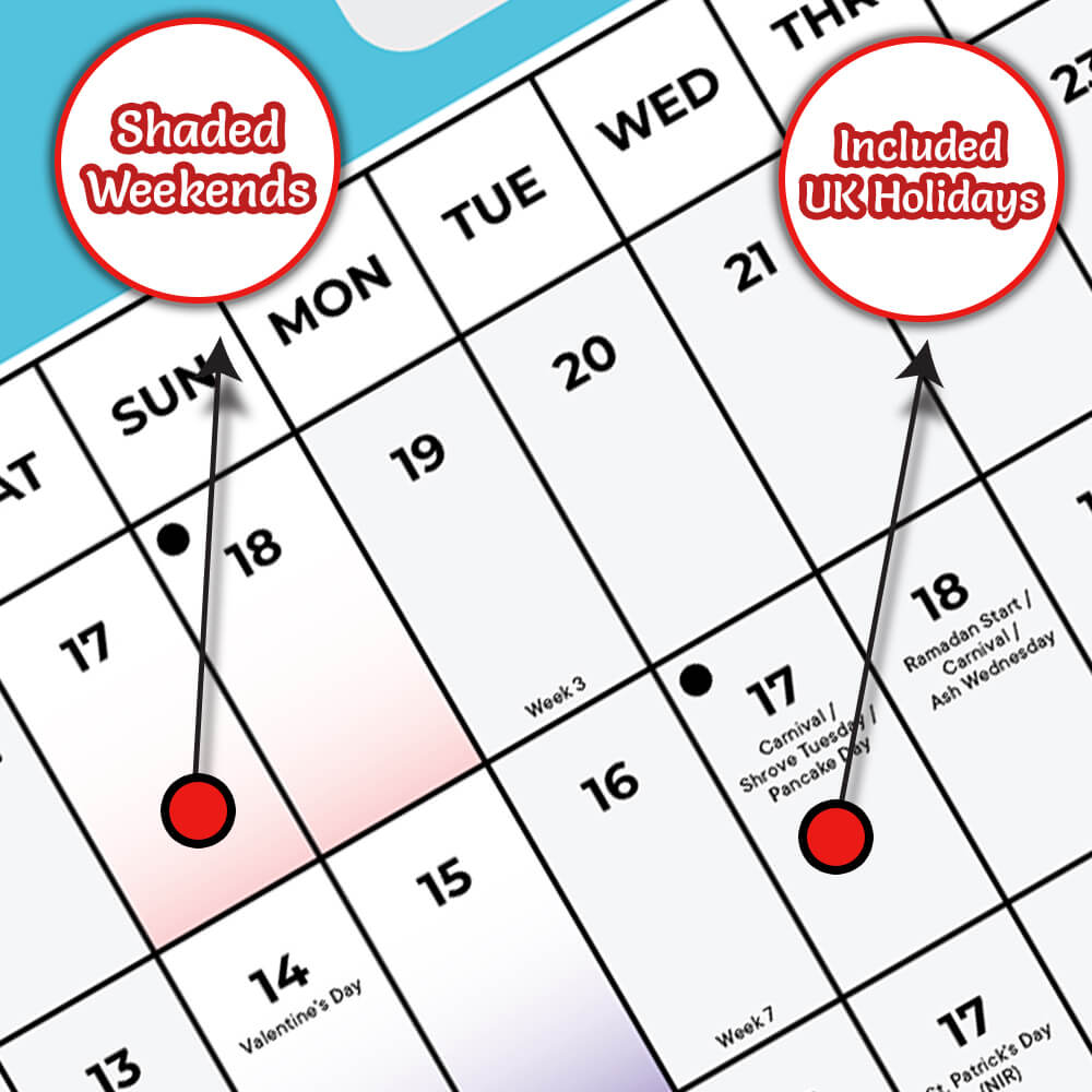 Wall calendar with bank holidays