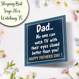 Funny stepdad Father’s Day card with TV joke design and blank inside for wishes