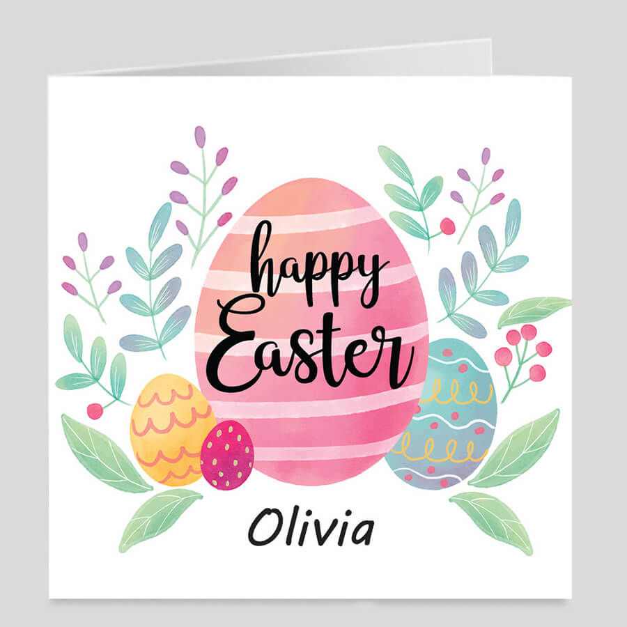 Custom name Easter card with decorative eggs and floral