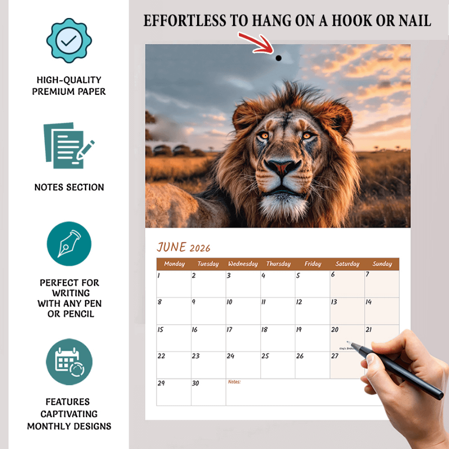 Funny animal selfies calendar 2026 with large date boxes for notes