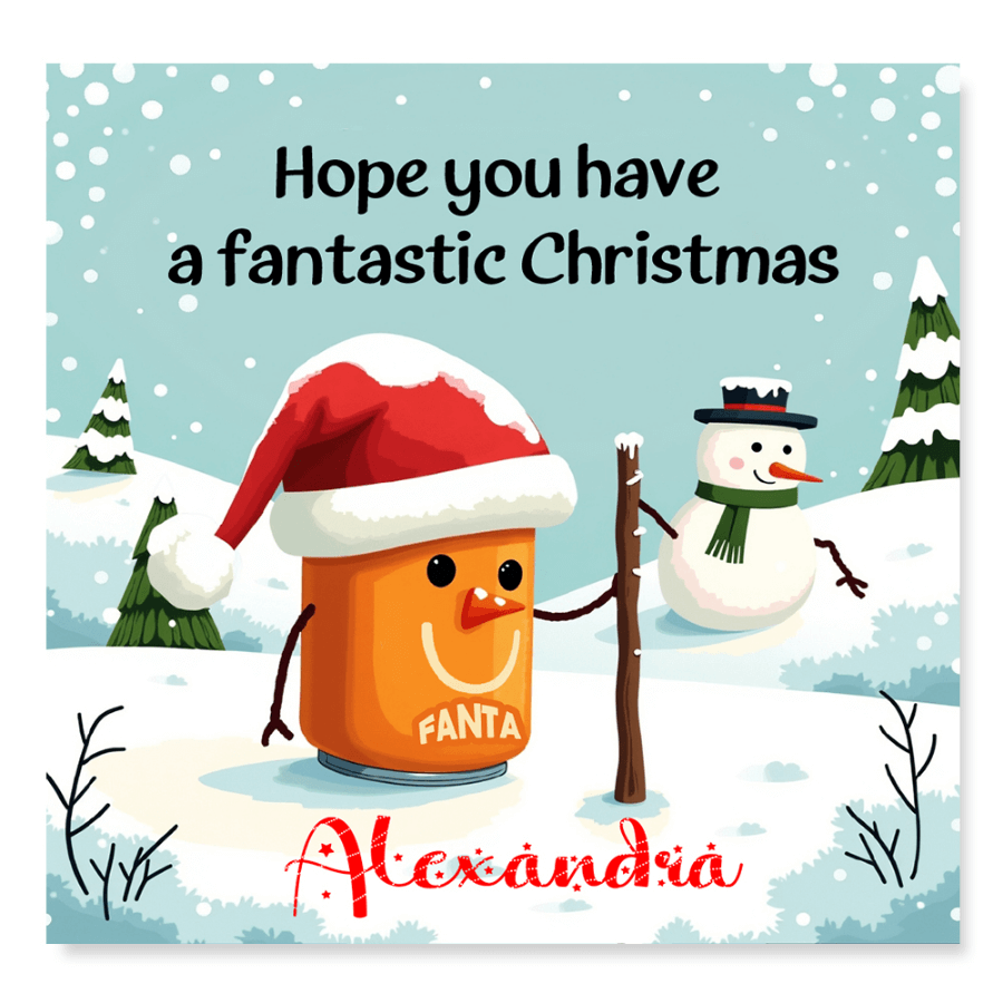 Personalised funny Christmas card with cartoon character and snowman
