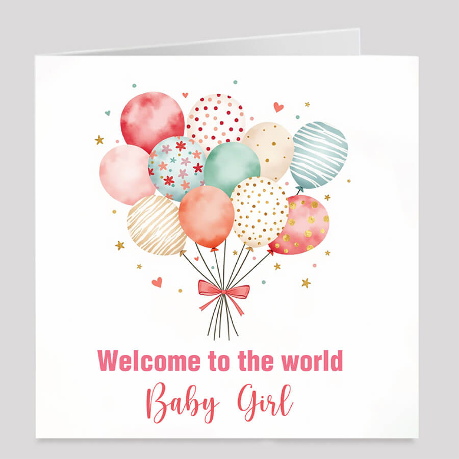 welcome baby girl card balloon design