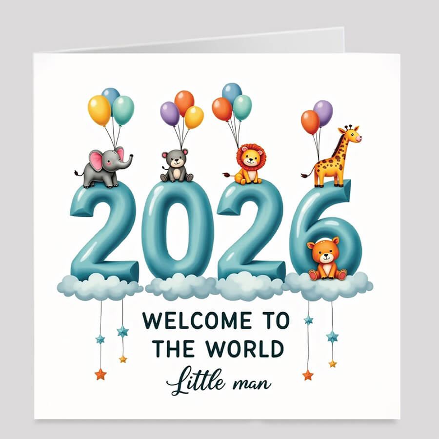 Personalised baby boy welcome to the world card with blue design