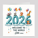 Personalised baby boy welcome to the world card with blue design