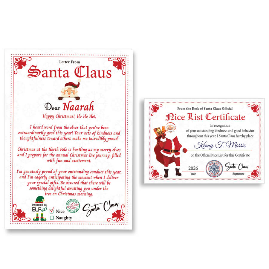 Personalised Santa Nice List Certificate and Letter with Envelope