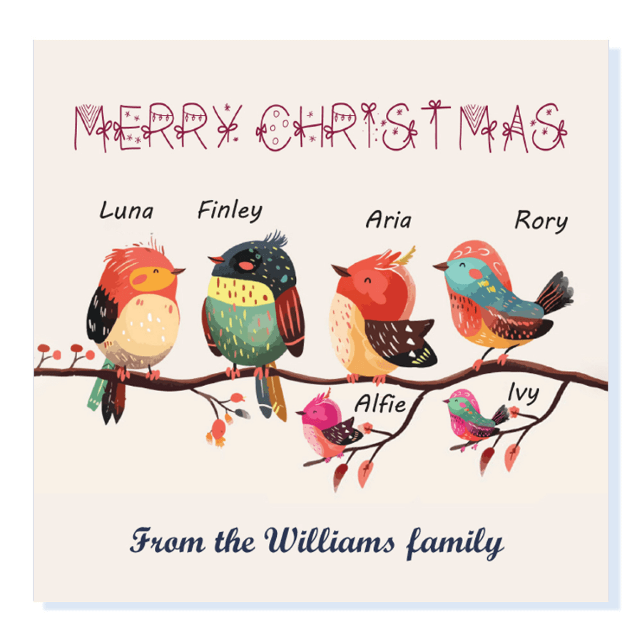 Personalised Family Christmas Card – Cute Birds Design
