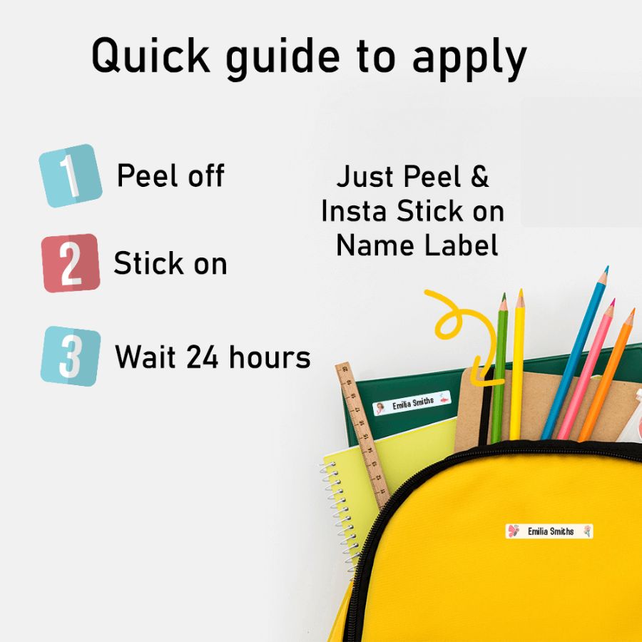 Pack of 60 durable name stickers – ideal for school uniforms, water bottles, and personal items