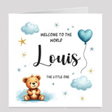 personalised baby boy teddy the little one card