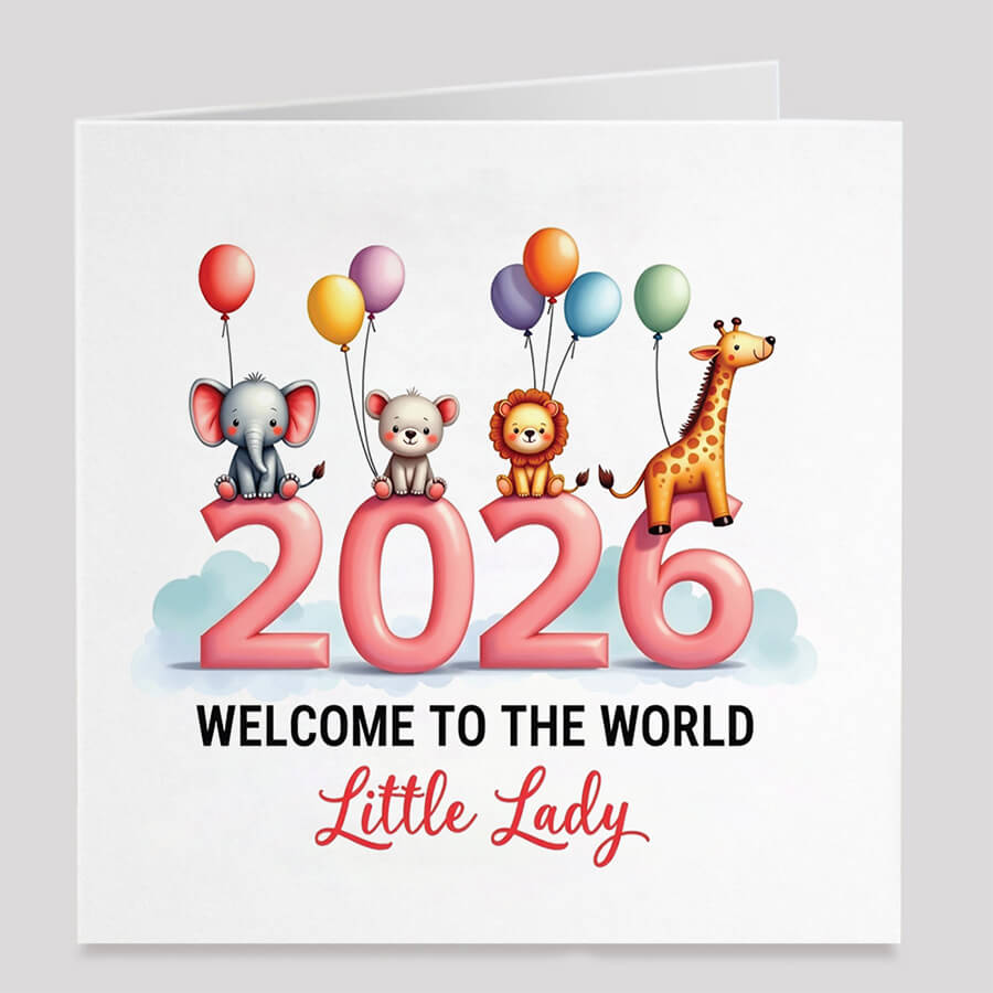 Personalised baby girl welcome to the world card with pink design