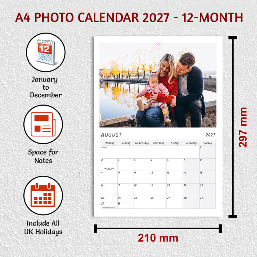 Personalised A4 Photo Calendar 2027 with 12 Monthly Photos