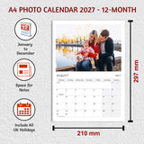 Personalised A4 Photo Calendar 2027 with 12 Monthly Photos