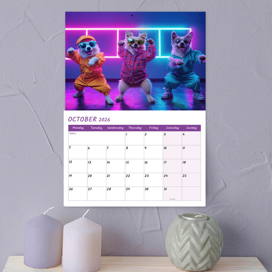 dancing dog calendar with UK bank holidays