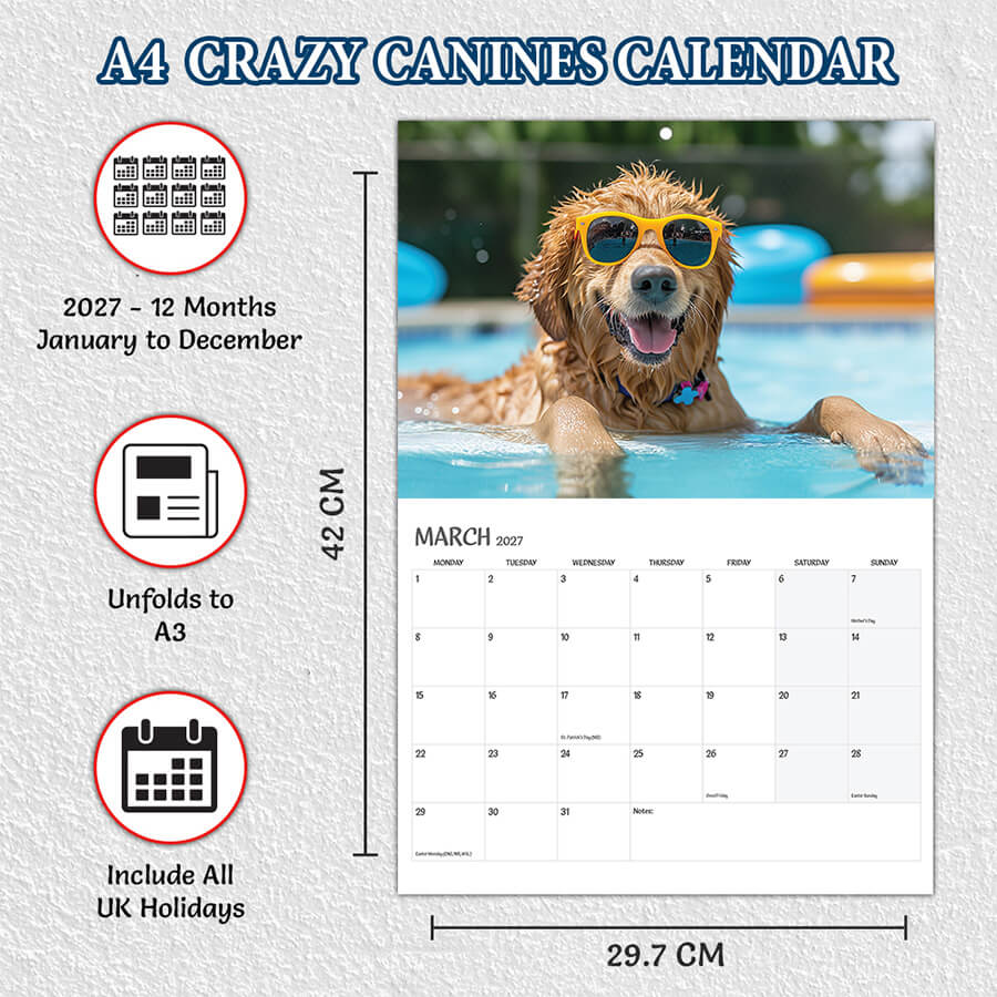 2027 Crazy Canines A3 Calendar with 12 Monthly Pages