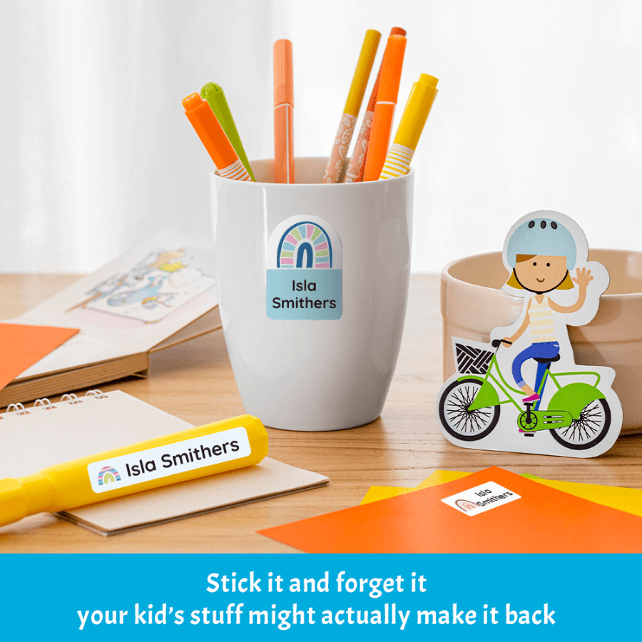 Easy apply stick on name labels for nursery clothes