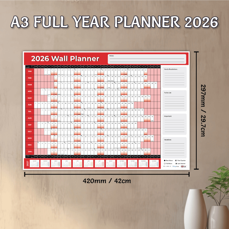 A3 Red Theme Wall Planner 2026 January 2026 to January 2027