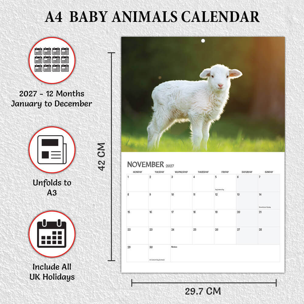 2027 baby animals monthly calendar A3 size
