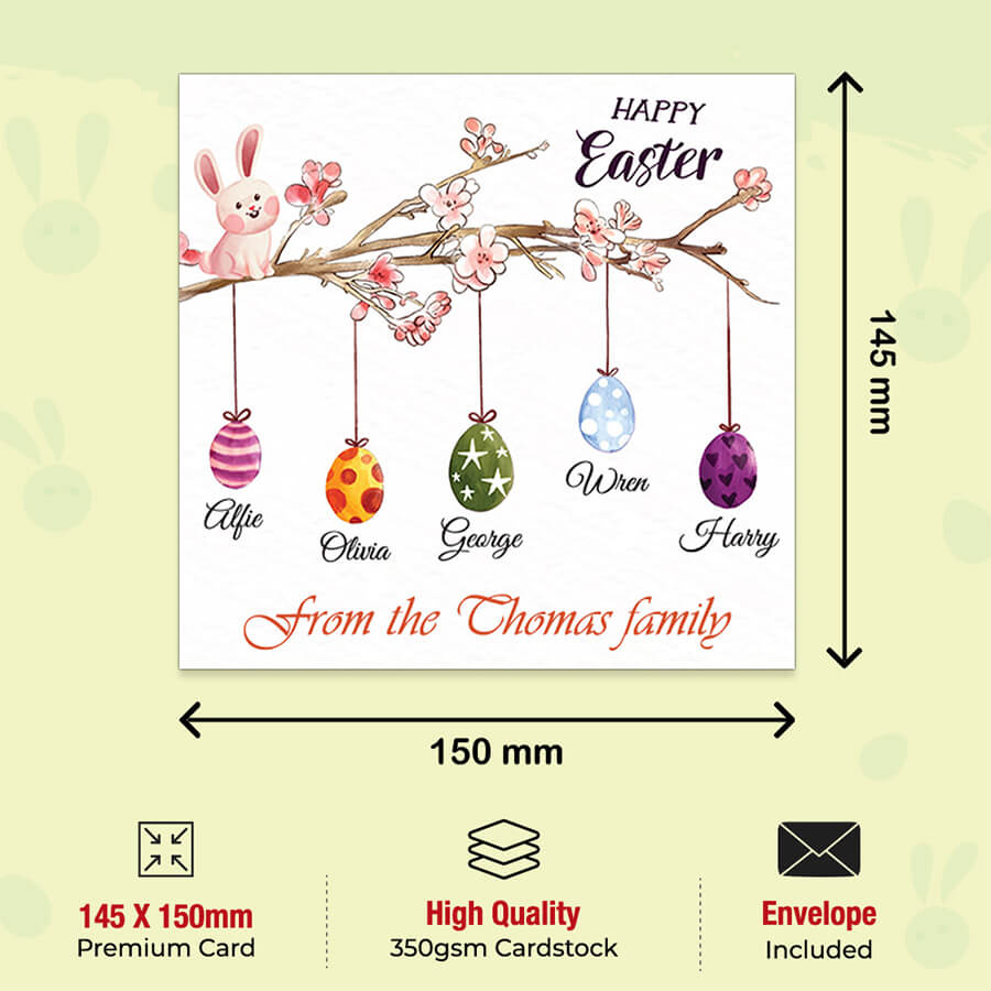 Custom family Easter card featuring bunny and decorative hanging eggs