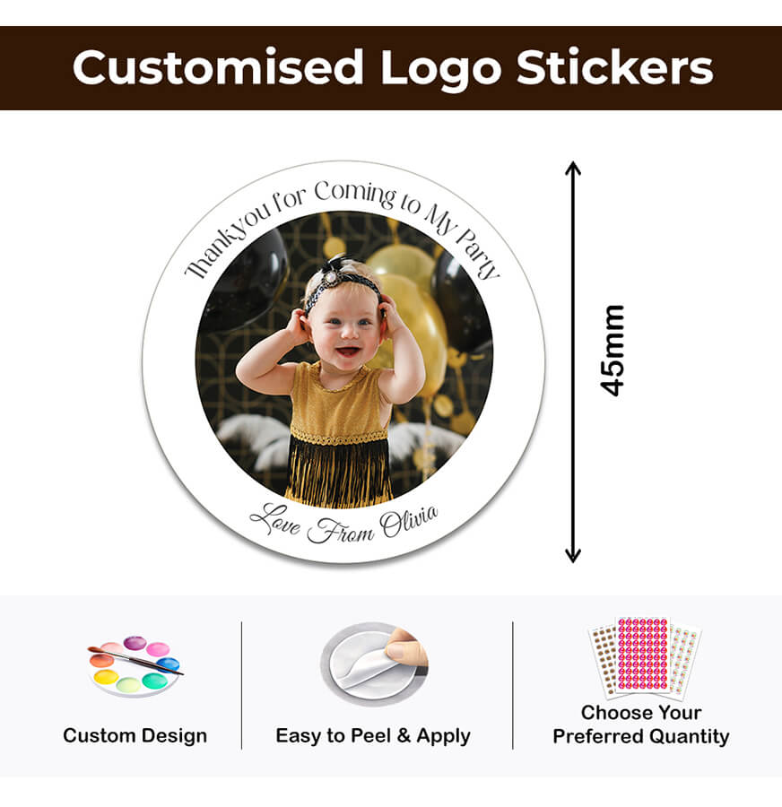Personalised round photo stickers for birthday parties