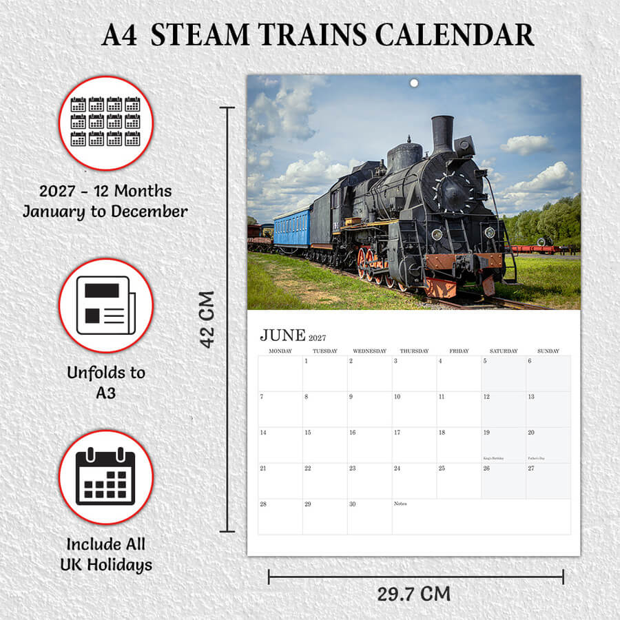 A3 to A4 Steam Trains Calendar 2027 UK