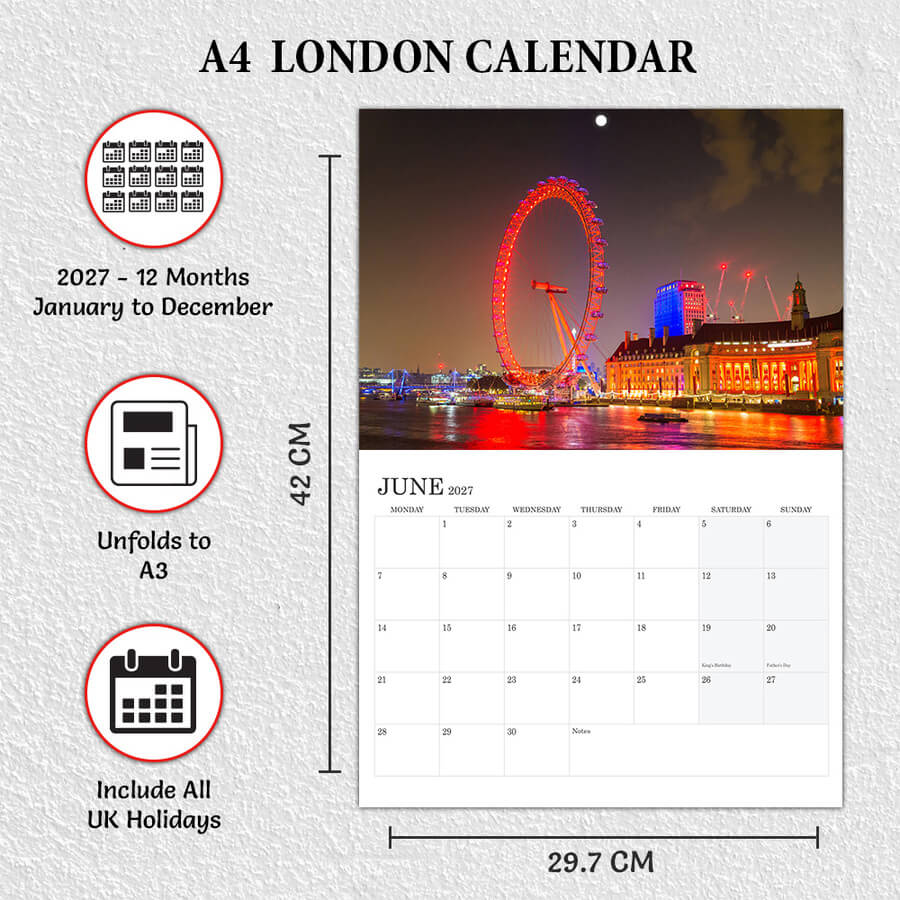 A3 to A4 London Calendar 2027 UK