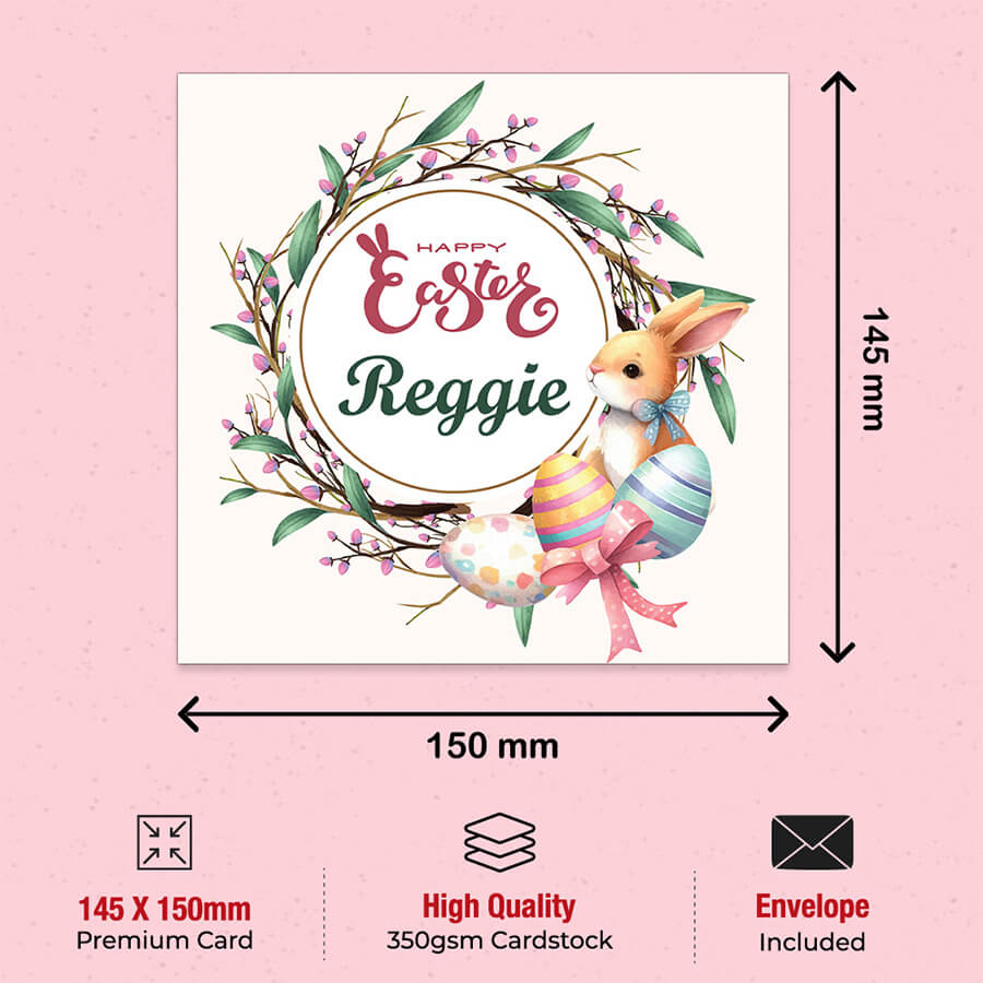 Custom Easter greeting card featuring bunny, egg wreath and spring theme