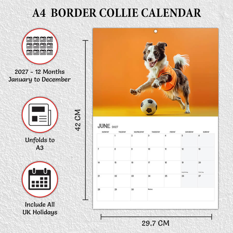 A3 to A4 Border Collie Calendar 2027 UK