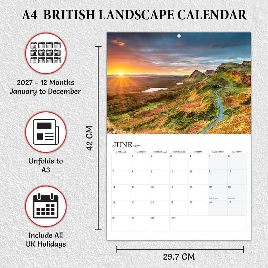 A3 to A4 British landscape calendar