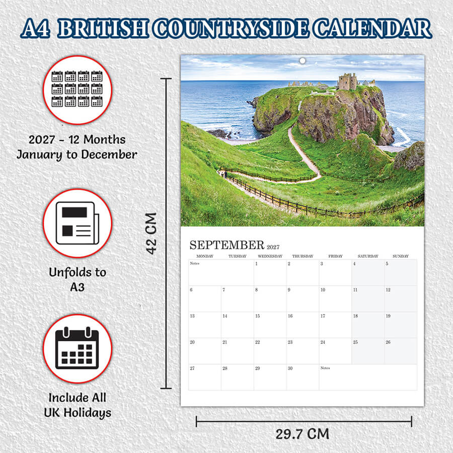 A3 British Countryside Calendar 2027 Featuring Scenic Landscapes