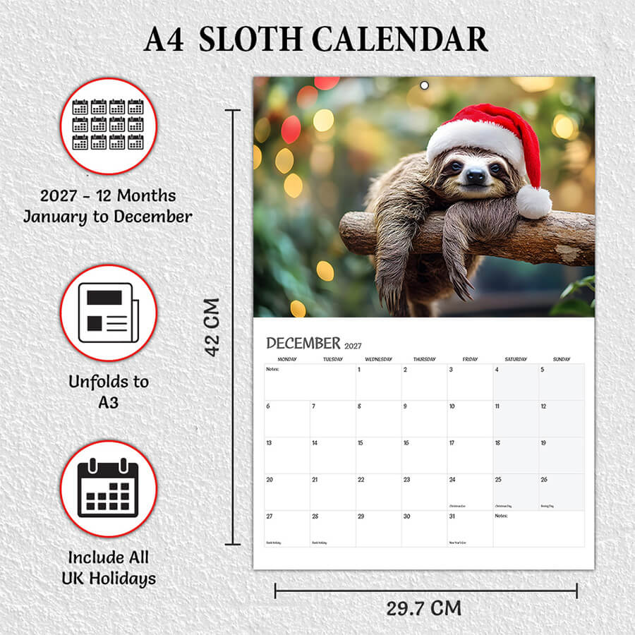 Sloths Calendar 2027 - 12 Month - A3