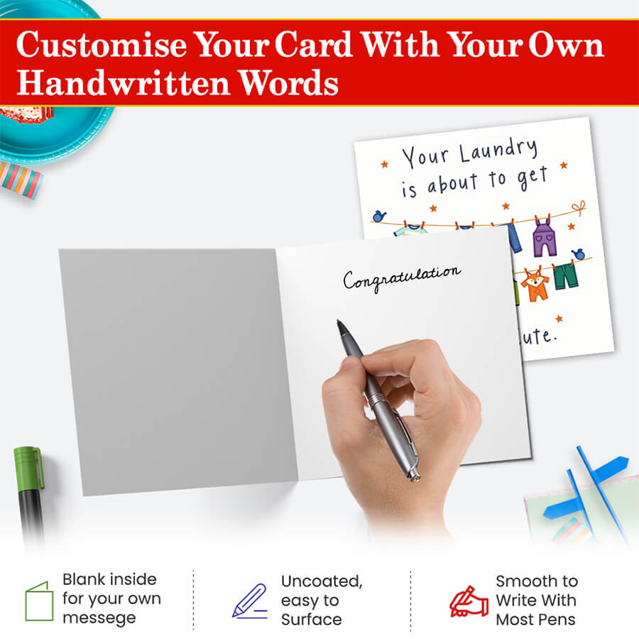 Adorable baby card with playful laundry-themed design