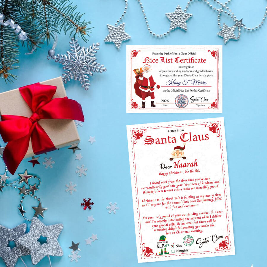 Santa Nice List Certificate and Personalised Letter with Envelope