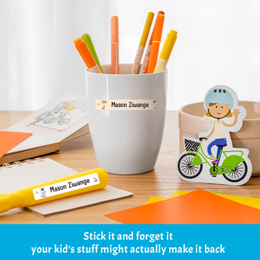 Kids personalized stick-on name labels – easy to apply, versatile, and long-lasting