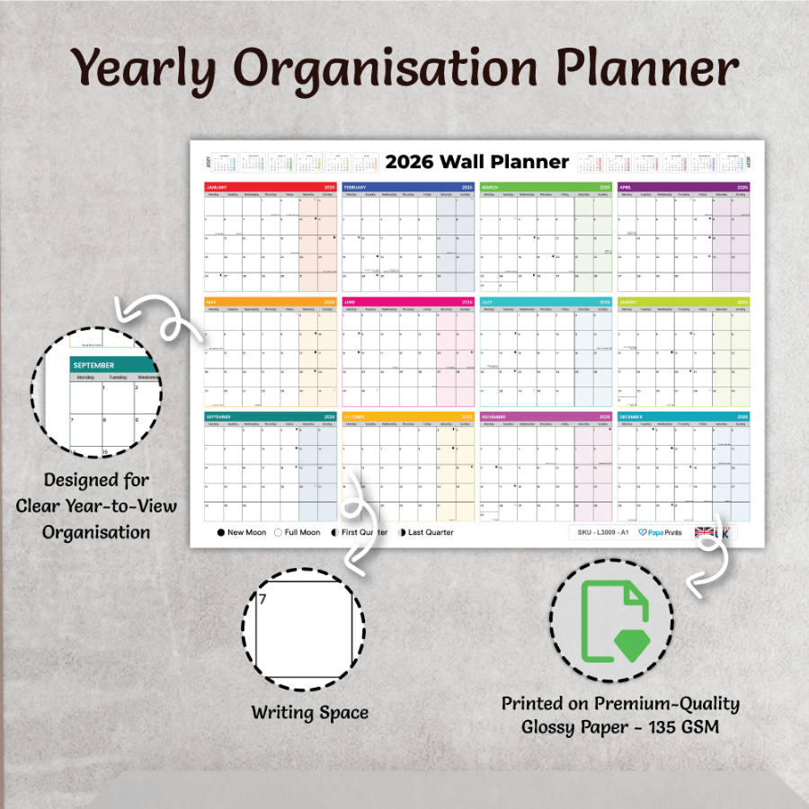 A1 wall planner with 12 month calendar