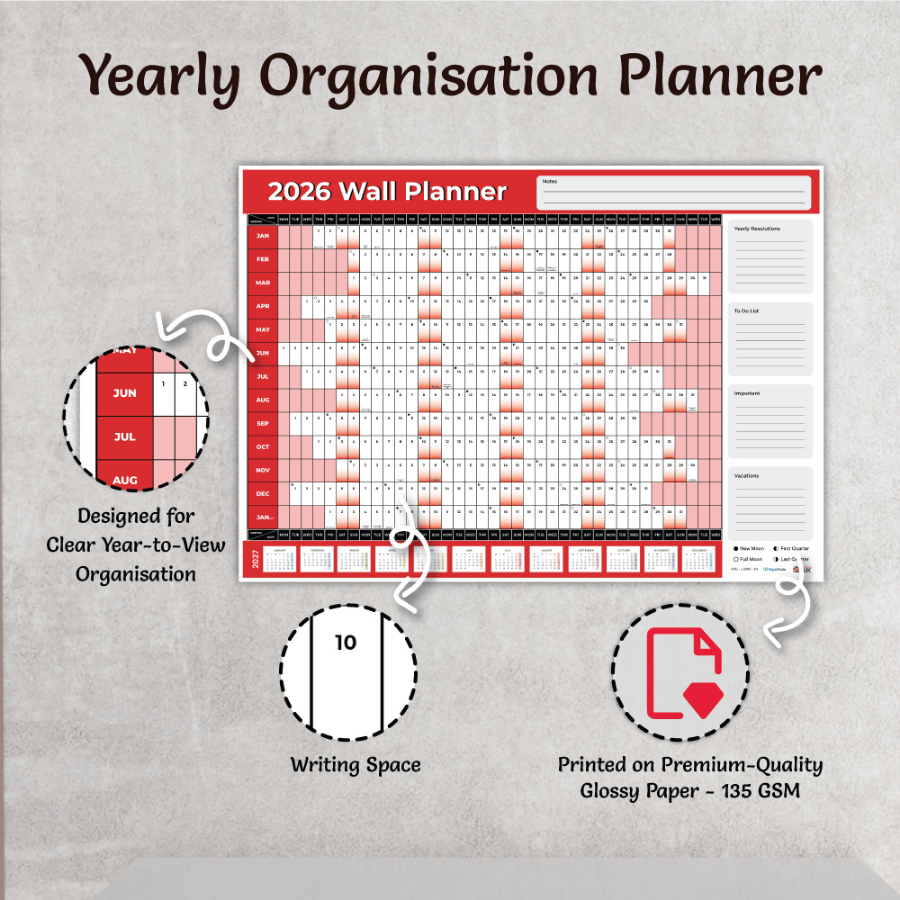 A3 2026 Red Theme Planner Wall Calendar with Notes Space