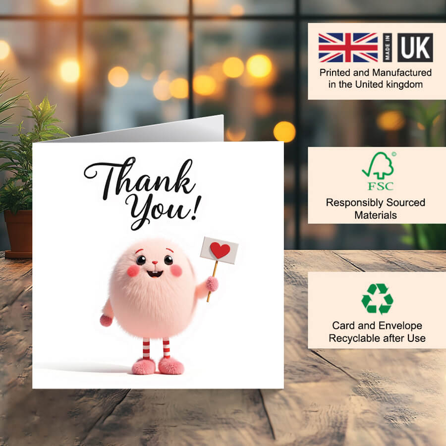 Elegant appreciation greeting card with envelope, UK style FSC certified thank you card