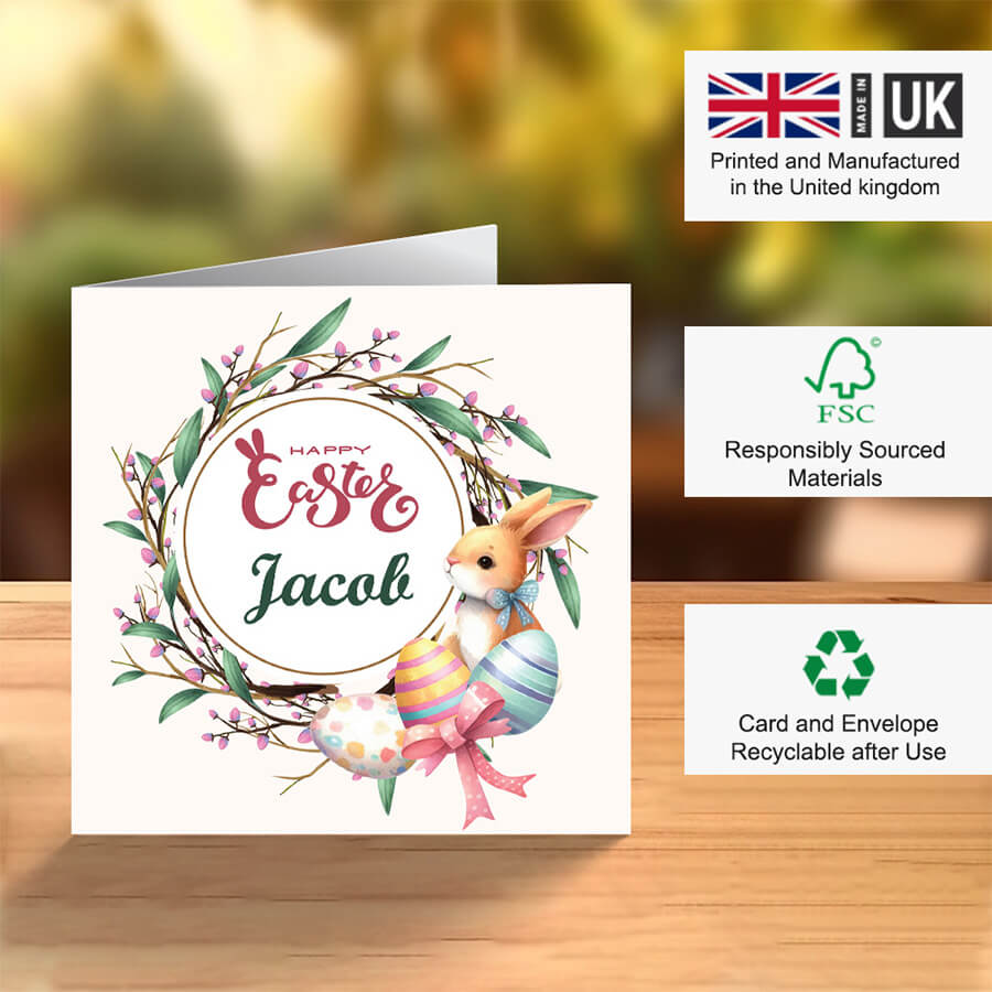 Personalised Easter card with floral wreath, bunny and egg illustration
