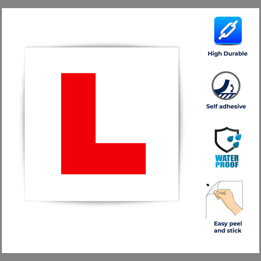 DVLA Legal Size L Plates Stickers – Gloss White/Red, Self-Adhesive Vinyl, UK Learner Driver