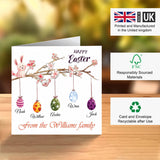 Family Easter greeting card with bunny and colourful hanging eggs