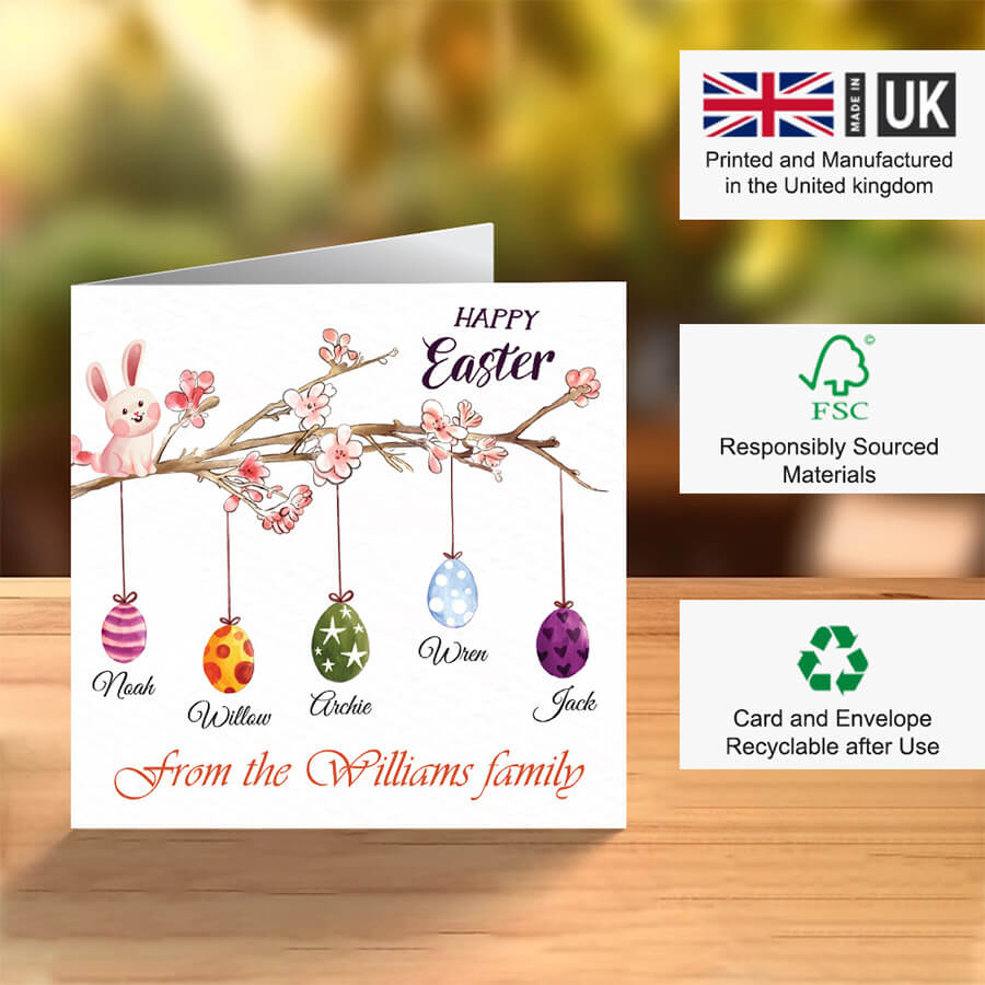 Family Easter greeting card with bunny and colourful hanging eggs