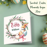 Festive Easter card with bunny inside wreath and colourful egg accents