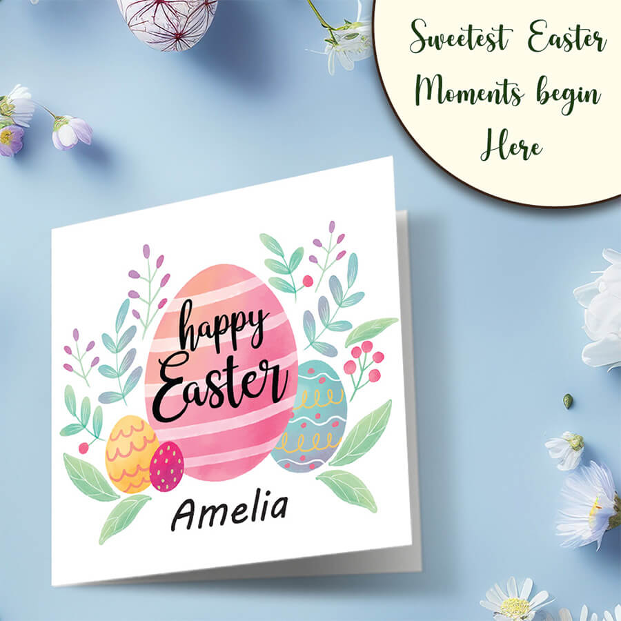 Festive Easter greeting card with colourful egg and floral theme