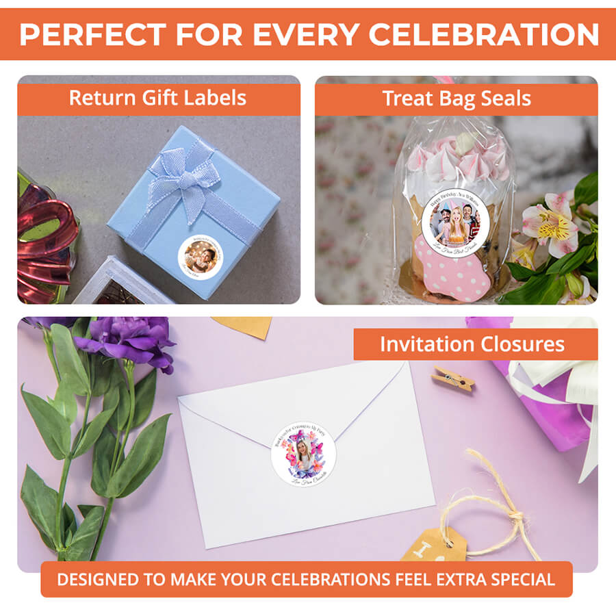 Round personalised photo stickers for party favors