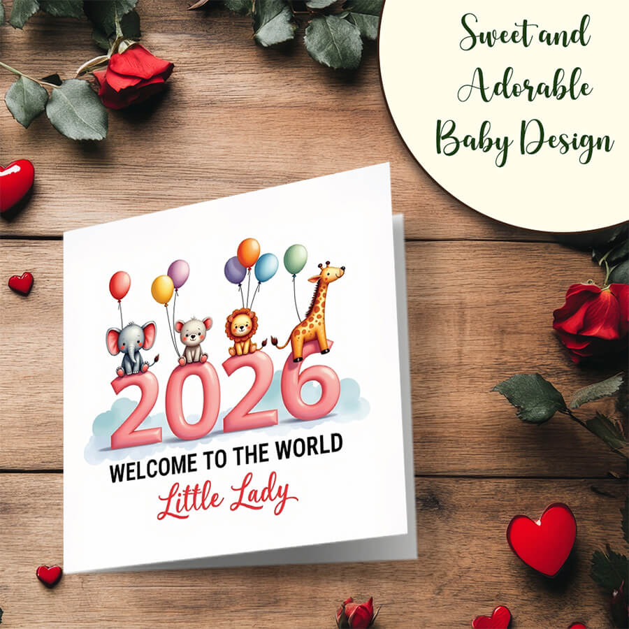 Baby girl welcome card with personalised name option